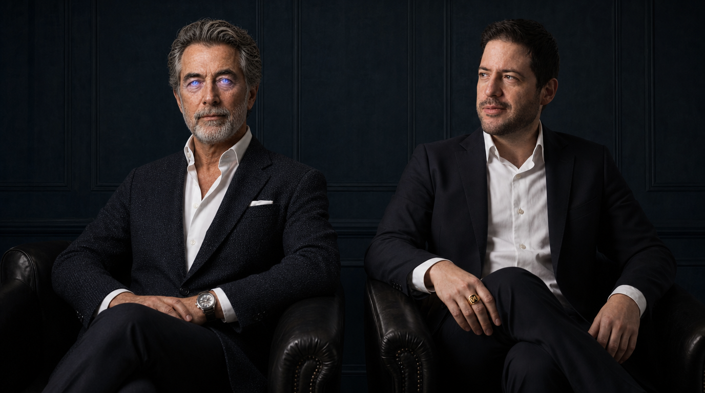 Janus and Robin Bucciarelli, seated side by side in dark leather chairs against a deep indigo wall — the two minds behind Limen.